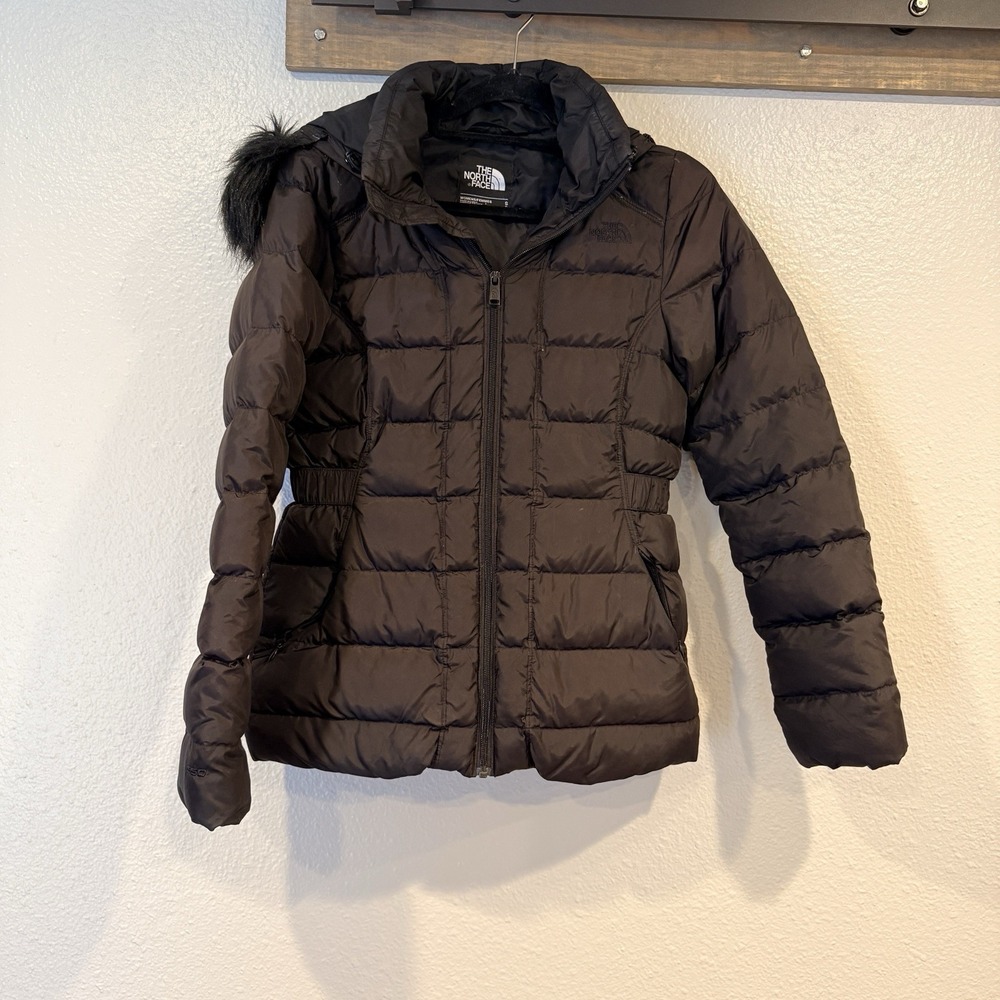 The North Face Women's Small 550 Down Puffer Jacket Black Hooded Faux Fur 75/25